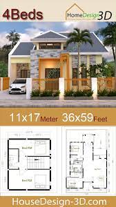 House Design 11x17 Meters 36x56 Feet 4 Bedrooms Video Small House Design Architectural House Plans House Construction Plan
