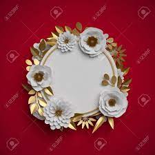 3d paper flower decorations giant paper flowers large handcrafted paper flowers gold red black set of 6 for wedding backdrop bridal shower wedding thank you for visiting my shop large paper flowers in navy gold and white. 3d Render Paper Flowers Round Frame Red White Gold Botanical Stock Photo Picture And Royalty Free Image Image 90442009