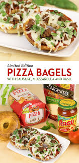 Pizza Bagels With Sausage Mozzarella Basil Thomas Recipes Recipe Pizza Bagels Recipes Food