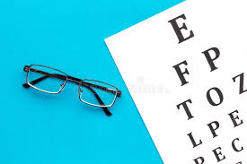 Eye Examination Eyesight Test Chart And Glasses On Blue