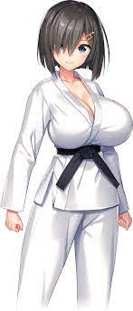 belt big breasts black belt breasts cleavage curvy derauea game  cg hair clip highres judo kaname fushiko large breasts looking at viewer  milk factory motto! haramase! honoo no oppai