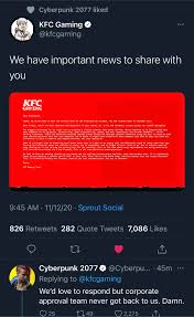 After its initial announcement in june 2020. Cyberpunk Twitter Reacting To The Kfconsole Cyberpunkgame