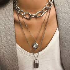 Fashion Women Multilayer Locker Pendant Thick Cable Chain Necklace Jewelry Crystal Choker Necklace Lock Necklace Chain Necklace