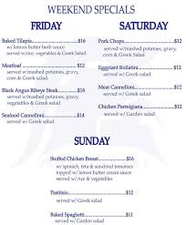 Weekend Menu Specials Spartans Family Restaurant Address 9542 Burke Road Burke Va 22015 Telephone 70 Family Restaurants Menu Restaurant Baked Tilapia