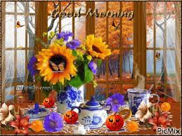 Maybe you would like to learn more about one of these? Good Morning Table Set With Blue And White China Fall Leaves Falling Out Side Sunflowers And Orange Sparkles Little Jack O Lanterns Oranges Anf Orange Butterflies Picmix