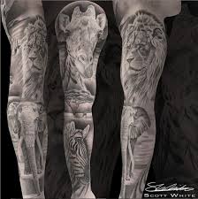 Black And White Realism Tattoo Sleeve Scott White Black Grey Tattoo Artist At Monument Ink Animal Sleeve Tattoo Giraffe Tattoos African Sleeve Tattoo
