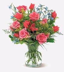 Timeless Beauty Floral Arrangement 59 99 Beautiful Pink Roses And Pale Blue Godetia A Mix That Shows Beautiful Flowers Flower Arrangements Flower Delivery