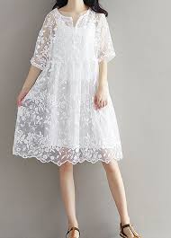 Women Loose Fit Over Size White Lace Flower Embroidered Dress Tunic Sling Chic Unbranded Dress Casual Model Pakaian Wanita Pakaian Wanita Model Baju Wanita