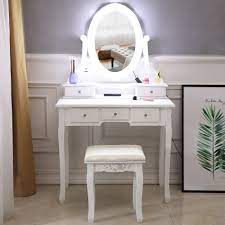 Vanity table in hollywood style. 10 Led Lighted Mirror Vanity Table Set Makeup Dressing Desk 5 Drawers Wood Ebay