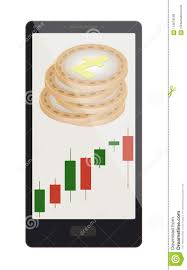 Litecoin Coins With Candlestick Chart On A Phone Screen