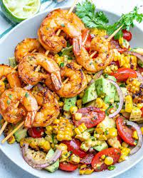 Avocado Corn Salad With Grilled Shrimp Recipe Salad Recipes For Dinner Healthy Fitness Meals Prawn And Avocado Salad