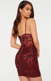 Burgundy Strappy Sheer Panel Sequin Bodycon Dress Sequin Bodycon Dress Bodycon Dress Elegant Dresses