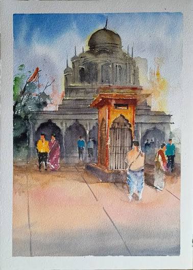 Watercolour painting of Pune's Peshwa palace and Parvati temple