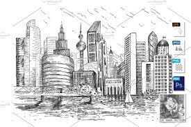 City Skyscraper On Lake Skyline City Sketch City Drawing Modern City