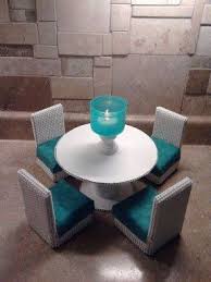 Barbie Furniture Round Dining Table And Chairs Set Teal And White 1 6th Scale Barbie House Furniture Diy Dollhouse Furniture Doll Furniture Diy