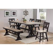 Farmhouse table and bench plans. Farmhouse Sand And Black 6 Piece Dining Set With Bench Orlando Dining Set With Bench Farmhouse Dining Room Dining Room Sets
