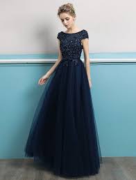Prom Dresses 2019 Long Dark Navy Evening Dress Jewel Neck Open Back Sequin Flowers Beaded Tulle Floor Length Formal Gowns Power Day Sale Navy Evening Dresses Formal Gowns Prom Dresses