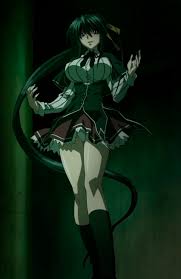 himejima akeno, high school dxd, screencap, wall, highres, long image, tall  image, 10s, 1girl, antenna hair, black hair, black socks, breasts, demon  girl, female focus, fingernails, hair between eyes, hair ribbon, indoors,  kneehighs, legs, long hair, long sleeves ...