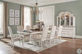 Four side chairs feature a solid hardwood construction in white finish. Willowwick Antique White And Brown Cherry Extendable Dining Room Set Hoe 1614 108 Roo White Dining Table Dining Room Furniture Sets Trestle Base Dining Table