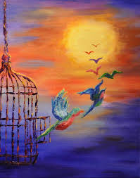 Sunset Birds Flying In The Sky Painting Birds Of Freedom Colorful Birds Free At Last Poster Art Print Of Birds Bird Painting Birds Flyin Freedom Art Freedom Drawing Poster Art