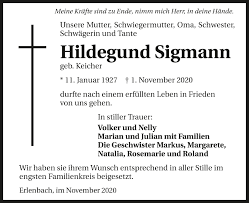 © 2020 sigmann elektronik gmbh. Traueranzeigen Von Hildegund Sigmann Www Trauerundgedenken De
