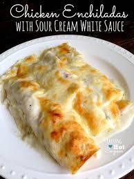 Chicken Enchiladas With Sour Cream White Sauce Raining Hot Coupons Recipes Food Cooking