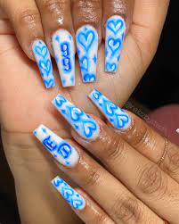 Blue Airbush Nails Long Acrylic Nails Coffin Blue Acrylic Nails Bling Acrylic Nails