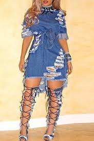 Modishshe Stylish Ripped Denim Dress Distressed Dress Denim Mini Dress Denim Dress