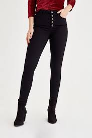Siyah Ultra Yuksek Bel Dugme Detayli Pantolon Pantolon Siyah Pantolon Skinny