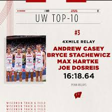 The UW 4xMile team finished as the third fastest in school history at  @pennrelays! What a race from Andrew Casey, Bryce Stachewicz, Max Hartke  and Joe dosReis 👏👏👏👏 #OnWisconsin || #Badgers