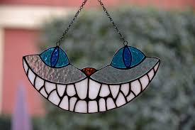 Cheshire Cat Suncatcher Stained Glass Window Hanging Alice In Etsy In 2021 Stained Glass Window Hanging Stained Glass Patterns Free Cat Stain