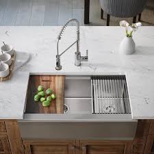 The two compartments were used as easy system for washing dishes: Mr Direct Stainless Steel 32 3 4 In 70 30 Double Bowl Farmhouse Apron Kitchen Sink 407l 18 Ledge The Home Depot