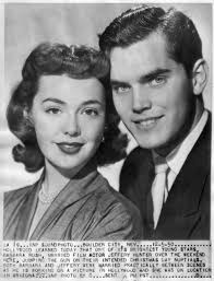 BARBARA RUSH, who is still with us at age 97! Here with then-husband,  Jeffrey Hunter in 1954