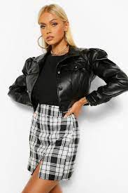 Puff Sleeve Faux Leather Button Through Jacket Boohoo In 2021 Cropped Leather Jacket Leather Jackets Women Leather Jacket Outfits