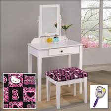 New White Finish Make Up Vanity Table With Mirror And Hello Kitty Themed Bench Bobs Furniture Furniture Vanity Table