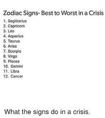 A simple scroll and a nice charming smile is what caught andrea fernandes' eye to really see what jibre hordges was all about. Zodiac Signs Best To Worst In A Crisis 1 Sagittarius 2 Capricorn 3 Leo 4 Aquarius 5 Taurus 6 Aries 7 Scorpio 8 Virgo 9 Pisces 10 Gemini 11 Libra 12 Cancer