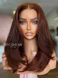 Shoulder Length Middle Part Layered Soft Wavy Auburn Brown Glueless Fit 2.0  Lace Front Wigs