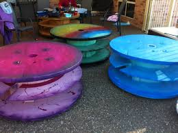 Large Cable Spools Painted Bright Colours For Children At A Preschool Would Be Great For The Little Ones Kids Shades Cable Reel Ideas Eyfs Coloring For Kids