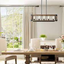 For a formal touch or decorative accent, dining room chandeliers add sparkle. Farmhouse 5 Light Rectangle Wood Chandelier Kitchen Island Lighting L31 5 Xw10 Xh10 Overstock 30263314
