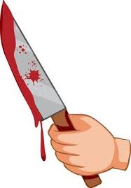 Blood covered knife, still dripping, in the hands of a murderer, with blood spatter on the brick wall. Jzbfejqwfwjecm