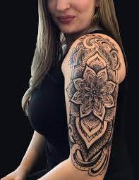 Black And White Female Flower Sleeve Tattoo Mandala Flower Arm Half Sleeve Tattoo By Karina Figueroa In Austin Texas Mandal Mandala Tattoo Sleeve Women Sleeve Tattoos For Women Mandala Tattoo Sleeve