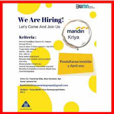 Adapun dibawah ini adalah posisi jabatan yang saat ini tersedia bagi anda para pencari kerja yang tertarik untuk mengembangkan karir anda bersama kementrian keuangan dengan kualifikasi sebagai. Lowongan Kerja Bumn Medan April 2021 Di Pt Bank Mandiri Persero Tbk Lowongan Kerja Medan Terbaru Tahun 2021
