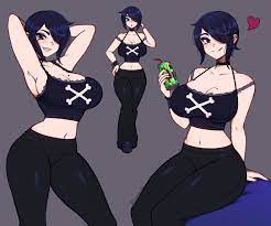 1girls beauty mark big breasts blue hair breasts choker cleavage  clothed female goth hair over one eye hourglass figure large breasts mole  on breast short hair smile tagme thescarletdevil