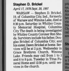 Obituary for Stephen D. Brickel, 1978-1997 (Aged 19)