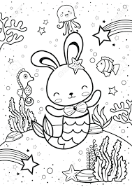 Vector nautical batik paint contour thin line. Bunny Mermaid With Friends Coloring Page Kids Coloring Book Royalty Free Cliparts Vectors And Stock Illustration Image 144972293
