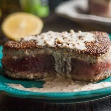 Peppered Tuna Steaks With Lemon Dijon Cream Sauce Recipes Tuna Steak Recipes Lemon Recipes