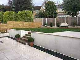 Modern Garden Split Level Garden Rendered Walls Cream Porcelain Patio And Sun Terrace Garden Pinterest Gardens Sloped Garden And Garden Ideas