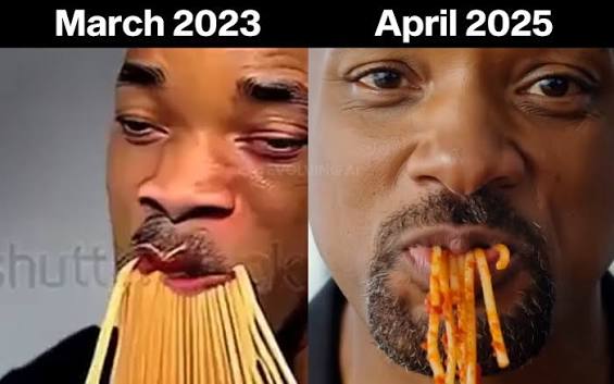 Two AI photos of Will Smith eating spaghetti, showing the quick improvement of AI and showing the potential of AI in film Production
