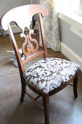 Easiest tutorial i've seen for this type of chair. Redoing The Dining Chairs Dining Chair Upholstery Fabric Dining Room Chairs Dining Room Chair Cushions