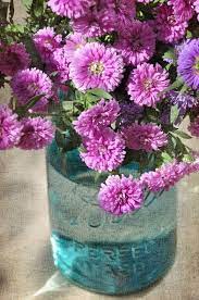 Blue Mason Jar Vase With Pink Asters Flower Show Flower Arrangements Flower Display